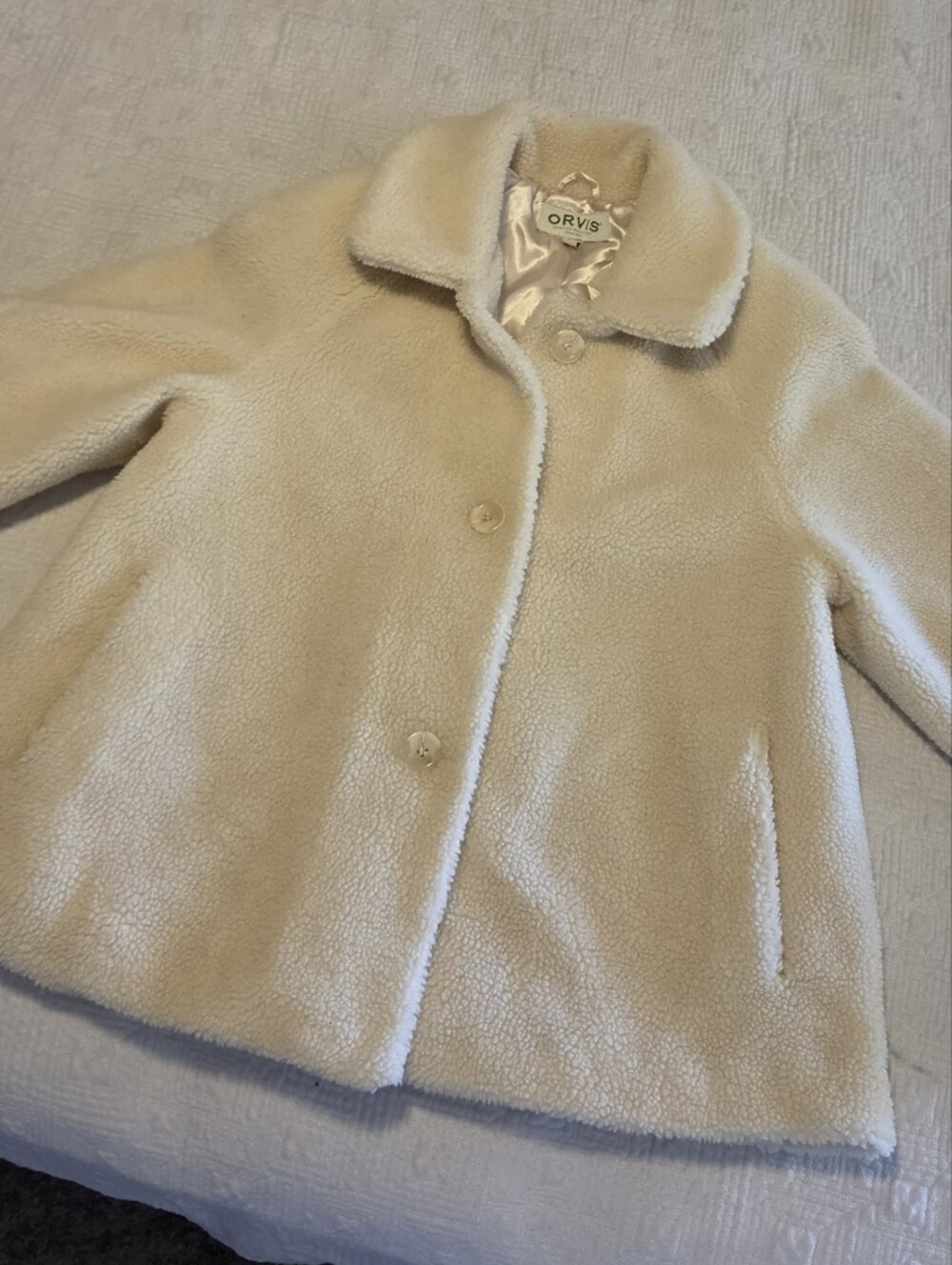 Orvis Cream Teddy Sherpa Fleece Collared Jacket Coat, Size Large